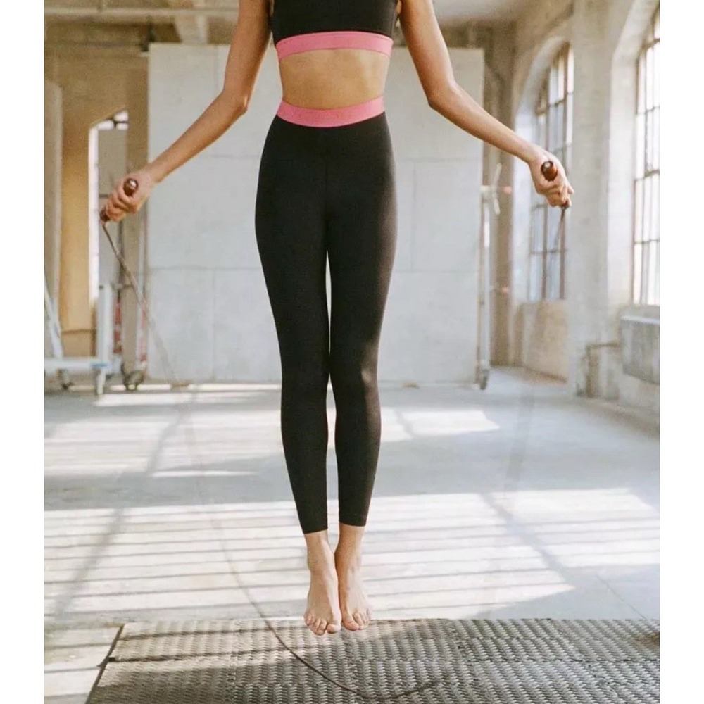Outdoor Voices Womens High Rise Logo Waistband Leggings Black Pink‎ Size M